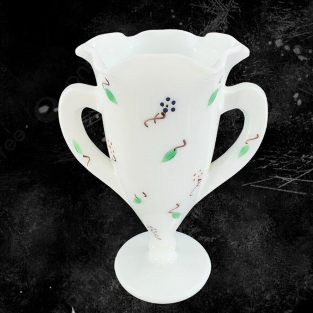 LE Smith Hand Painted Trophy Vase Double Handled White Milk Glass Vase Vintage
